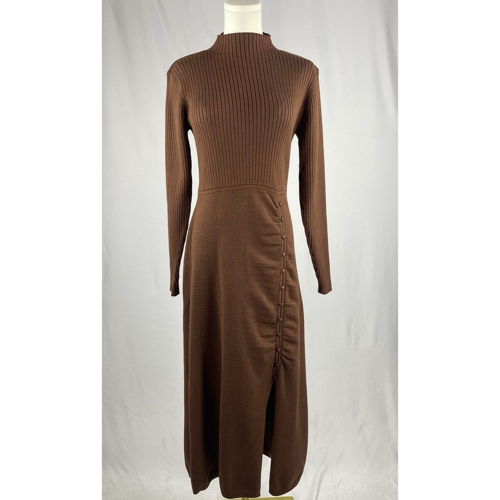 Nicole Miller Midiβ Dress Womens S Brown Ribbed Mock Neck Button Slit Chic